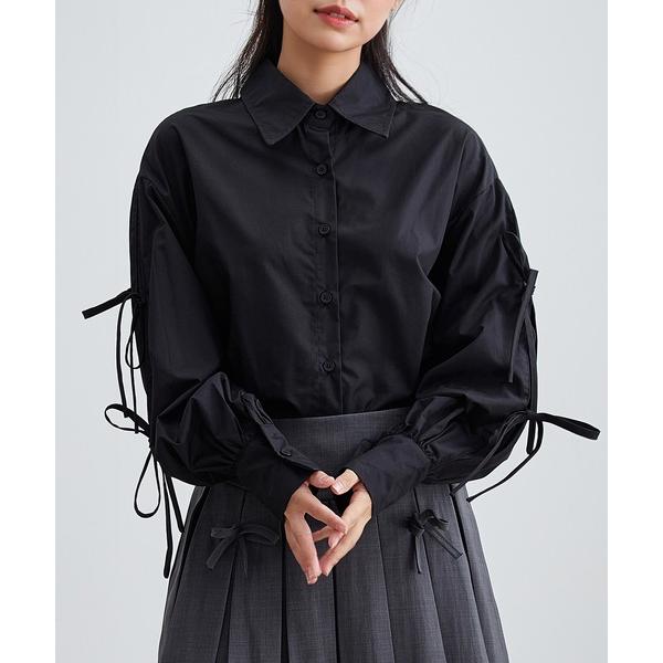 ブラウス シャツ 配リボン ソリッドカラー 前開き ボタン ブラウス レディース
