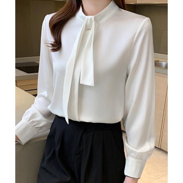 ブラウス シャツ スタンドカラー ボウタイ シルキー 長袖 ブラウス レディース