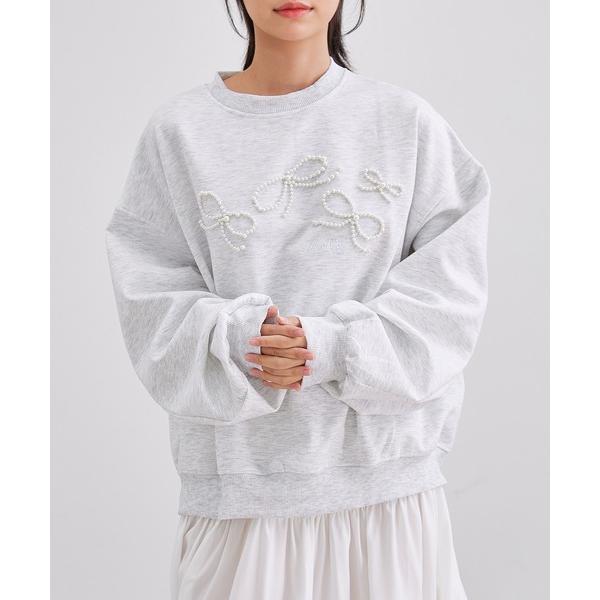 トレーナー スウェット パール リボン 長袖 刺繍 プルオーバー レディース