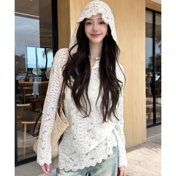 パーカー ロマンティックレース　ゆったりカジュアルレイヤード ジャカードニットフーディートップス レ...