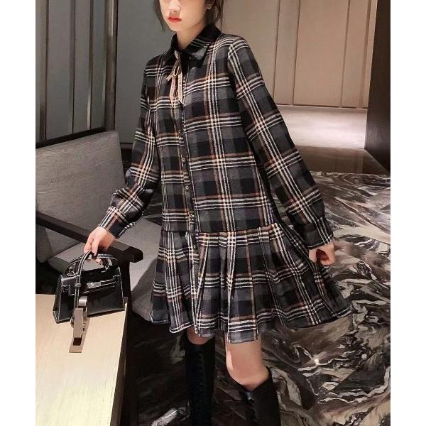 ワンピース ウールライクチェックプリーツミニ丈シャツワンピース（秋冬のアカデミア風定番アイテム）