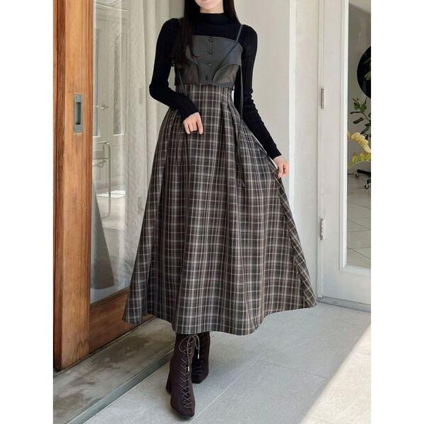 ワンピース フェイクレザービスチェドッキングキャミワンピース