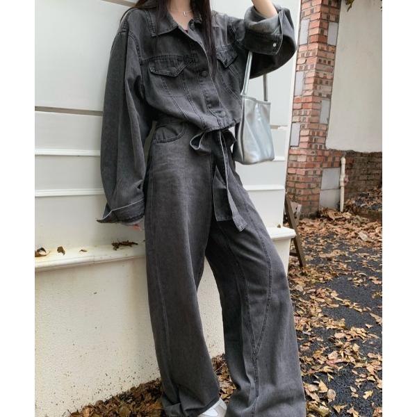 セットアップ リボン付き長袖デニムジャケット＋ワイドパンツセットアップ レディース