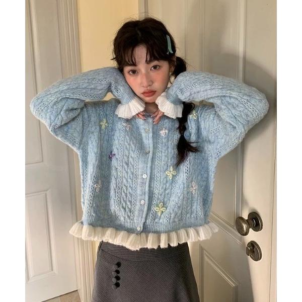 カーディガン フラワー刺繍ケーブルニットカーディガン レディース