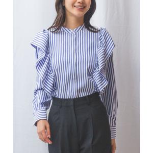 ブラウス シャツ 「NARACAMICIE」ストレッチストライプショルダーフリル長袖ブラウス レディース