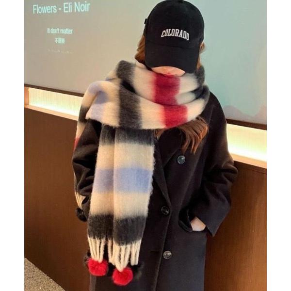 マフラー ストール ポンポン付き マルチボーダーストールマフラー レディース