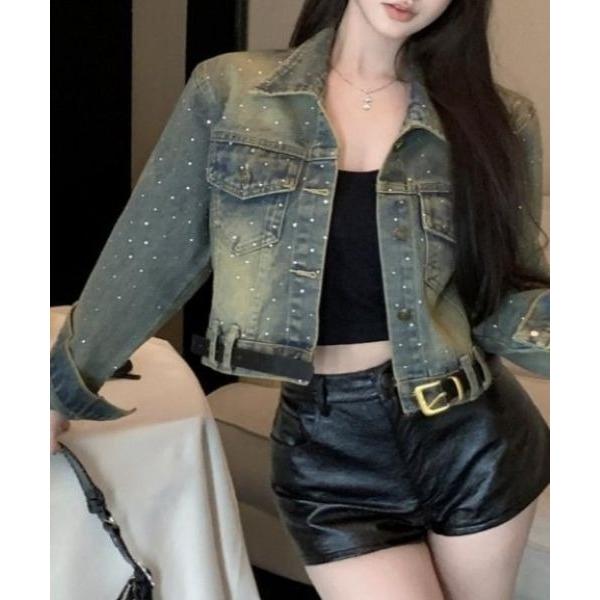 デニムジャケット gジャン ラメストーン スタッズ付き グランジジャケット / ヴィンテージ風 デニ...