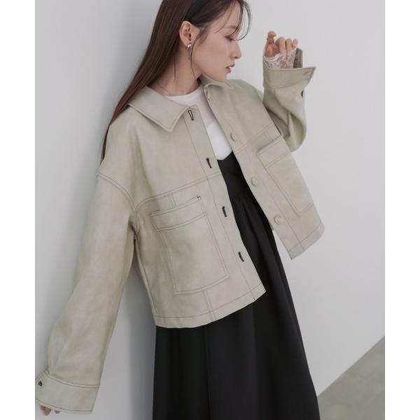 ブルゾン アウター ムラ合皮配色ステッチジャケット レディース