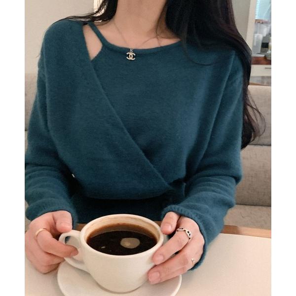 ニット セーター アシメ×ボタンデザインニット レディース