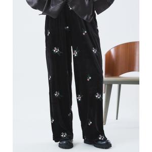 パンツ フラワーエンブロイダリー　ベロアイージーパンツ レディース