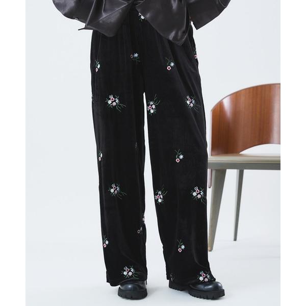 ワイドパンツ パンツ フラワーエンブロイダリー　ベロアイージーパンツ レディース