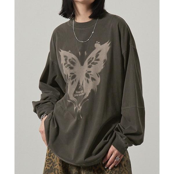tシャツ 「Alfred Alex」ヴィンテージ加工バタフライプリントオーバーサイズロンT レディー...