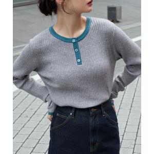 ニット セーター 配色 ヘンリーネック プルオーバーリブニット レディース