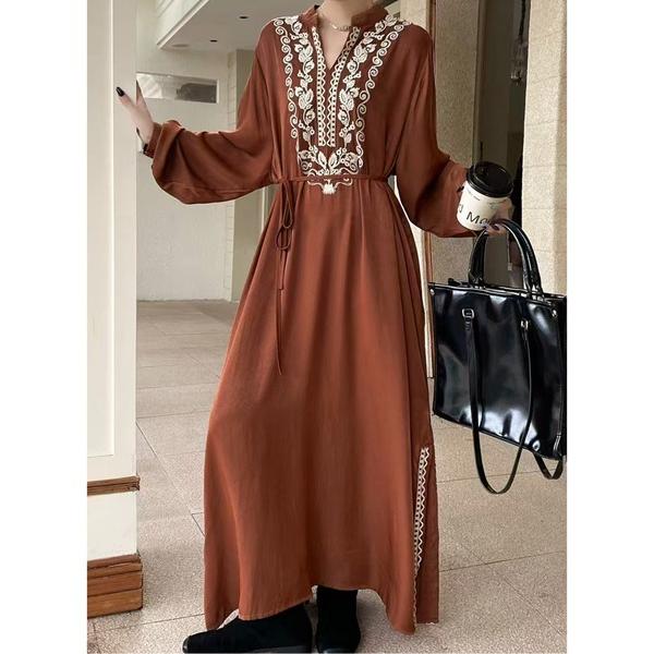 ワンピース スリットネックエスニック刺繍ロングワンピース