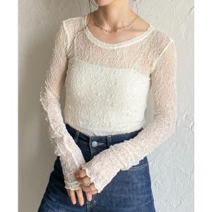 tシャツ 長袖クルーネック透かし編みストレッチレ...の商品画像