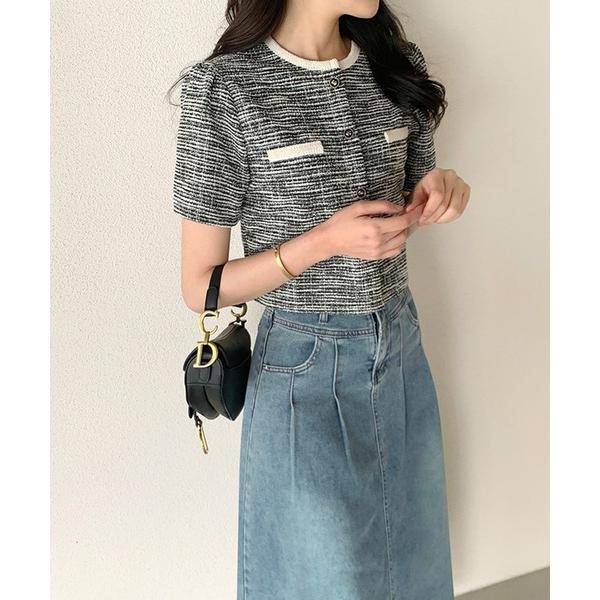 コート アウター ツイードクロップド半袖ジャケット レディース