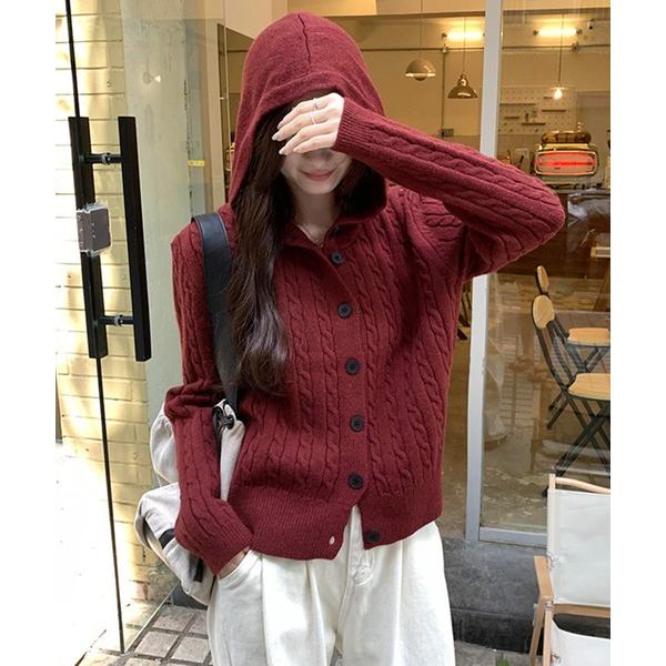 カーディガン ケーブル編みフーディーカーディガン レディース