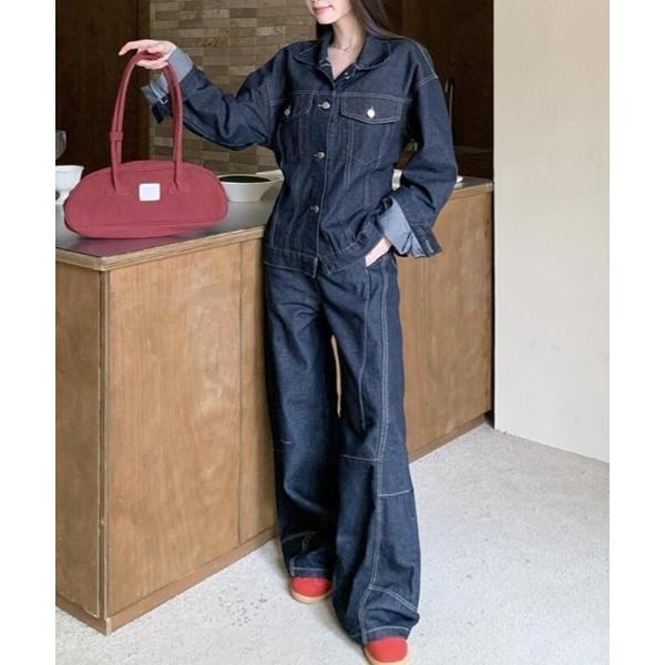 セットアップ デニムワークスーツ ルーズフィット ユニセックススタイル レディース