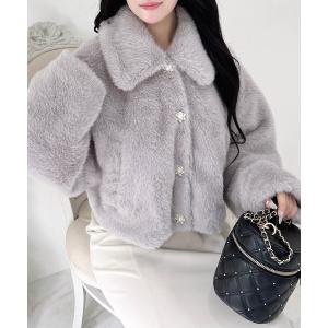 ブルゾン アウター ビジューボタンステンカラーエコファーブルゾン レディース