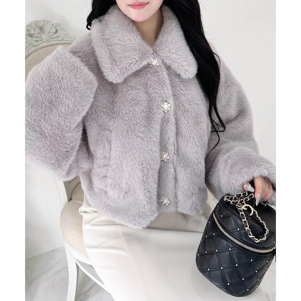 ブルゾン アウター ビジューボタンステンカラーエコファーブルゾン レディース