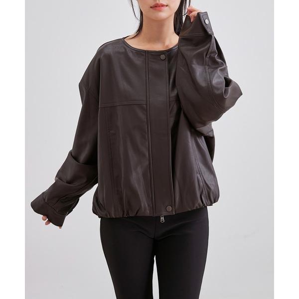 ブルゾン アウター レザー調 ノーカラー コンパクト ジップアップ ブルゾン レディース