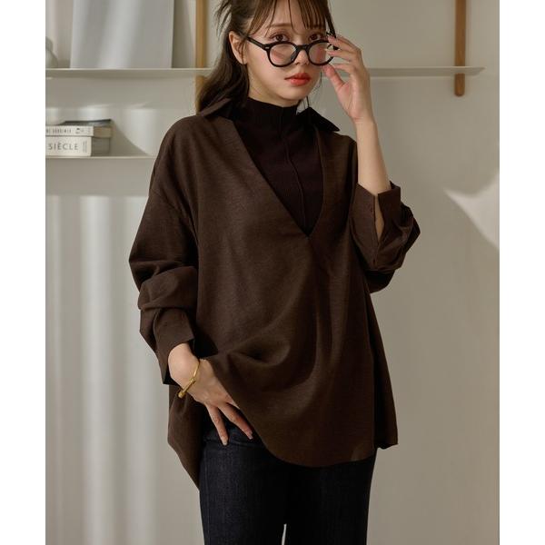 ブラウス シャツ deep skipper neck shirt /ディープスキッパーネック長袖シャ...