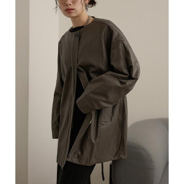 ノーカラーコート コート leather like no collar zip up coat /レ...