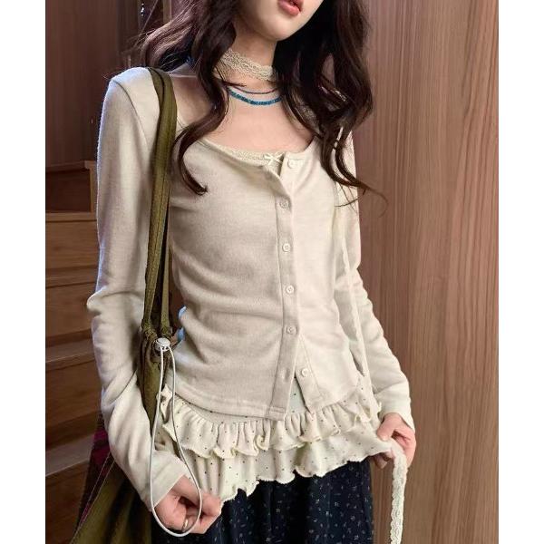 カーディガン フリルドット柄キャミ＆ニットカーディガン 3点セット レディース