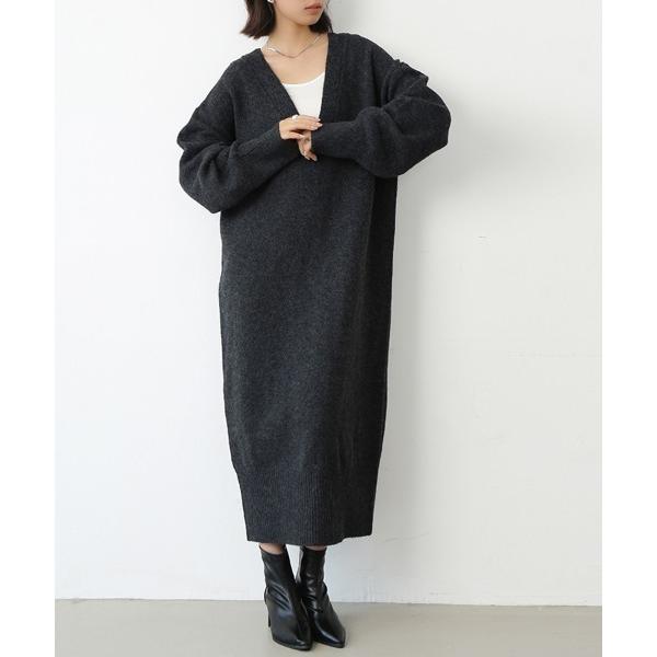 ワンピース 天竺編みVネックニットロングワンピース