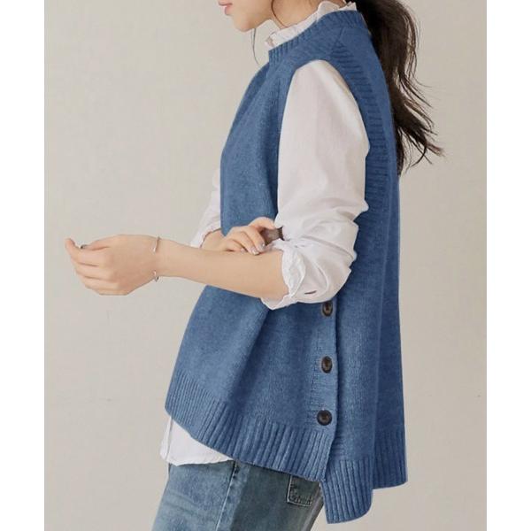 ベスト ジレ ラウンドネックサイドボタンベスト レディース