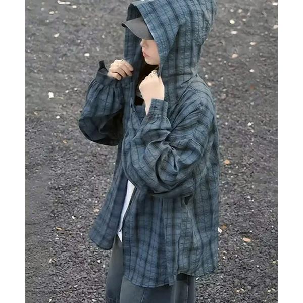 ブラウス シャツ オーバーサイズ チェックフーディーシャツ／ユニセックス(CZ) レディース メンズ