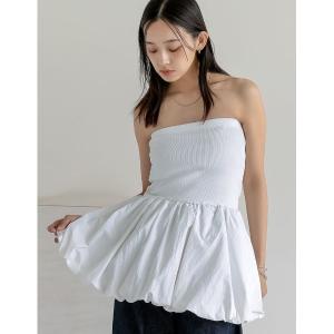 チューブトップ ベアトップ テレコリブ×マットタフタバルーンヘムペプラムベアトップス