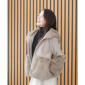 コート アウター リボンブローチ付きフードファー切替えコート レディース