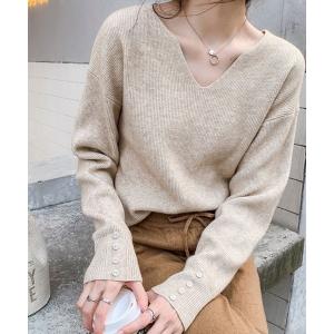 ニット セーター 「9色展開」キーネックニット リブニット キーネック 長袖 ニット レイヤードトップス 袖ボタン　中厚　きれいめカジュアル オフィスカジ…