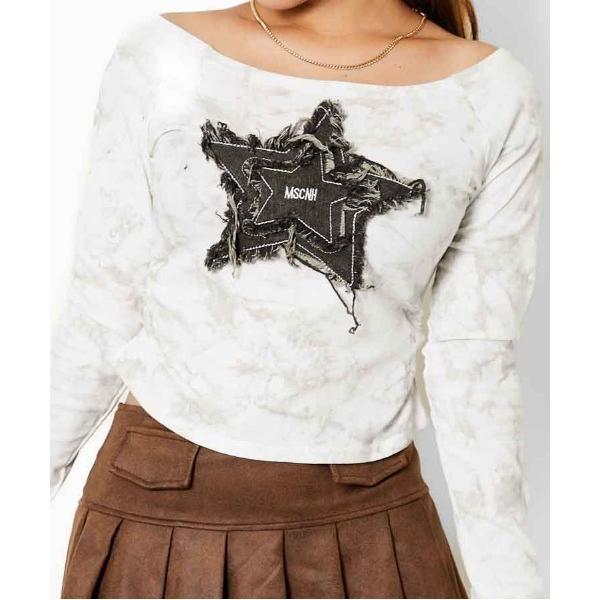 tシャツ 「星パッチ×ムラ染め風」レディース カットソー 長袖トップス 個性派 春秋 レディース