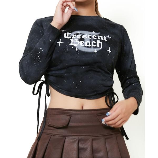 tシャツ 「ムラ染めラメ×ドロスト裾」レディース 長袖カットソー ロゴプリント ストリート風 春秋冬...