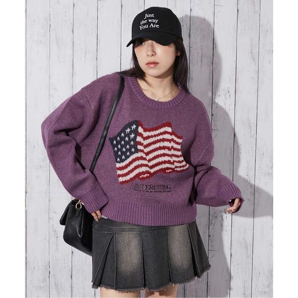 ニット セーター 「アメリカフラッグジャガード×メランジ風」レディース 短丈ニット トップス 秋冬 ...
