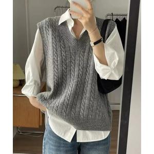 ベスト ジレ 今日のシーンにもぴったりフィット。ケーブル編み Vネック ゆったり ニットベスト ベストジレ オフィスカジュアル きれいめカジュアル レ