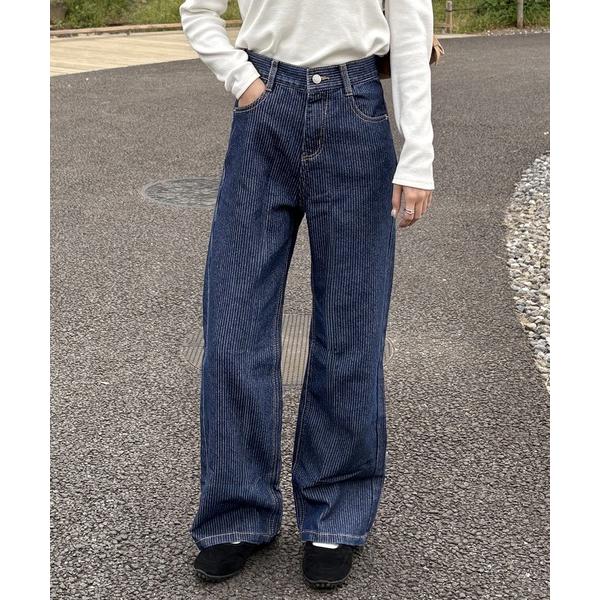 ジーンズ デニム デニムパンツ ストライプストレートワイドデニムパンツ レディース