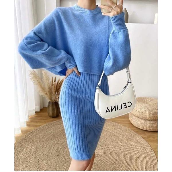 ワンピース 「上下セットアップ」リブニットワンピース　カセット服