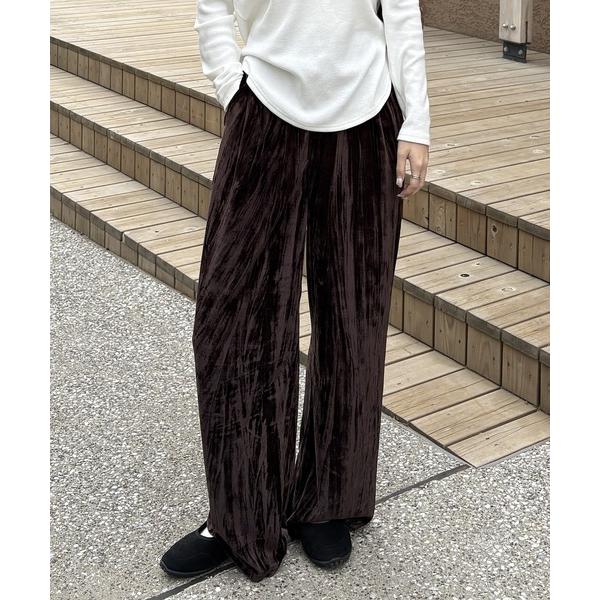 ワイドパンツ パンツ ベロアタックワイドパンツ レディース