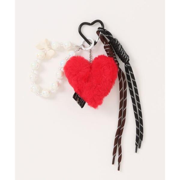 チャーム ファー ハートモチーフ ビーズ リボン コード付き マルチチャーム カラビナ キーホルダー...