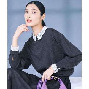 【新品タグ付き】アメノチハレ　レース襟付きギャザースリーブニット 長袖　ネイビー 23区（ニジュウサンク） ニット セーター 「洗える」Brocheチェック