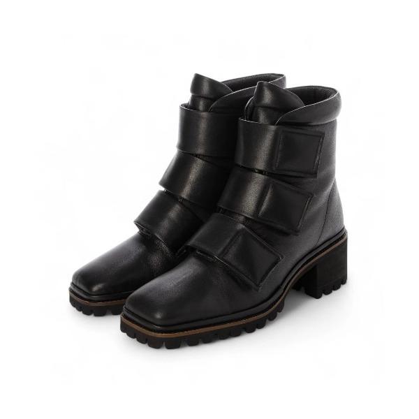 ブーツ スクエアトゥベルトデザインショートブーツ レディース