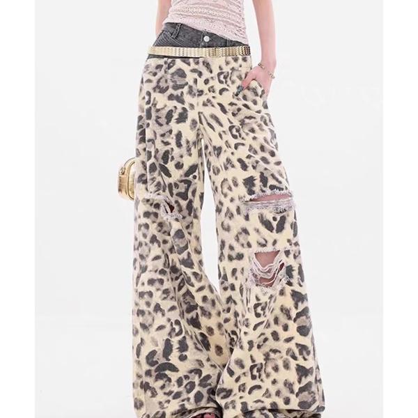 ジーンズ デニム デニムパンツ レオパード柄ワイドパンツ／クラッシュ加工／切り替えデザイン レディー...