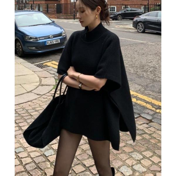 ニット セーター ハイネック バットスリーブ アシンメトリーヘム ニットトップ レディース