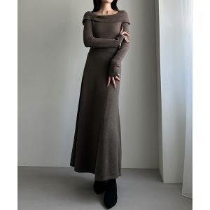 ワンピース アシメオフショル風ニットフレアワンピ「高身長サイズMT/低身長サイズS有り」
