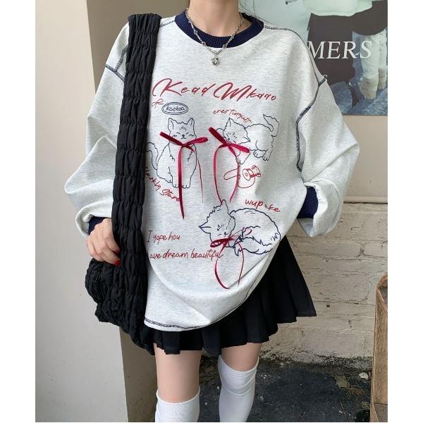 トレーナー スウェット リボンデザイン キャットプリントスウェット レディース