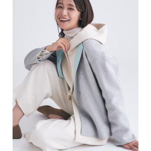 ノーカラーコート コート 「配色デザイン／ショート丈」ウールリバー ノーカラーコート レディース