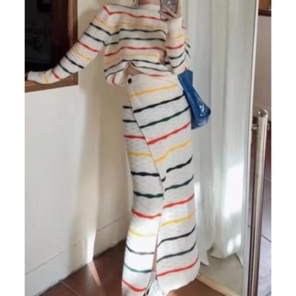 セットアップ ボーダー柄長袖ニット＋ハイウエストスリット付きスカートニットセットアップ レディース